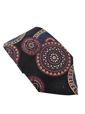 Robert Talbott Silk Tie Intricate Mandala Design Black Base Red Blue Accents USA